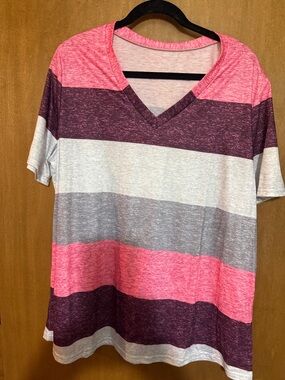 NWOT Women's V-Neck Short Sleeve Stripe Top - Pink, Purple and Gray